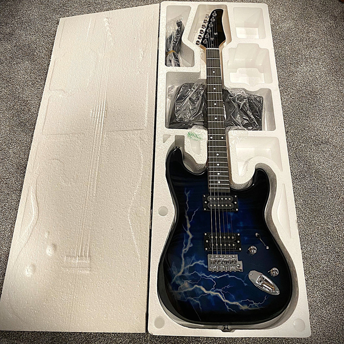 Full-Size Electric Guitar, Double Cutaway, Blue Lightning Finish, H-H Pickups15