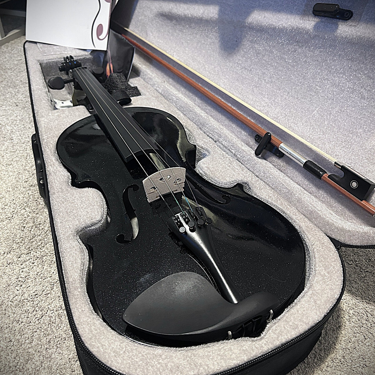 4/4 Full Size Black Violin with Case, Bow and Accessories, with Preset Bridge0