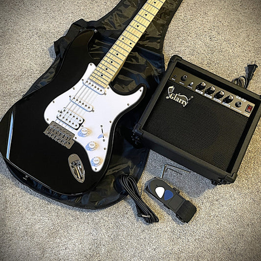 Full-Size Black Electric Guitar Starter Package with 20-Watt Amp, HSS Pickups0