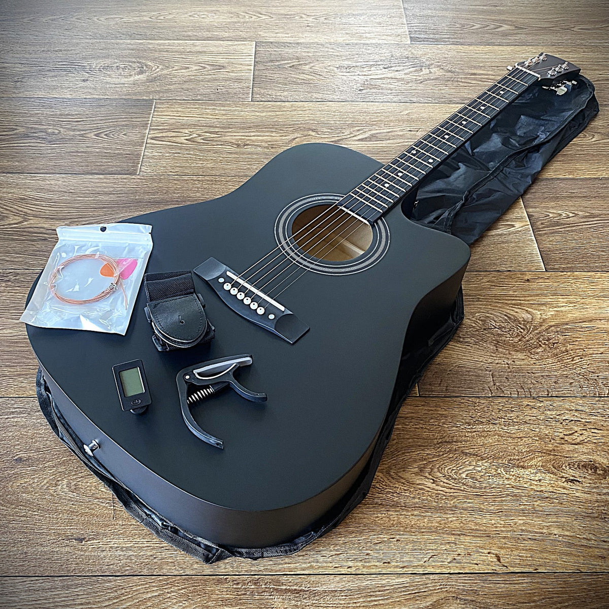 Full-Size 41" Black Acoustic Guitar with Cutaway, Capo, Tuner, Gig Bag & More1