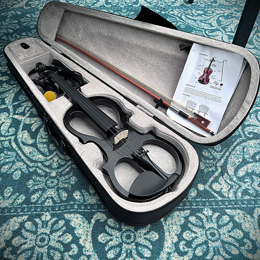 4/4 Full-Size Black Electric Violin with Case, Bow, Headphones, Rosin and More0