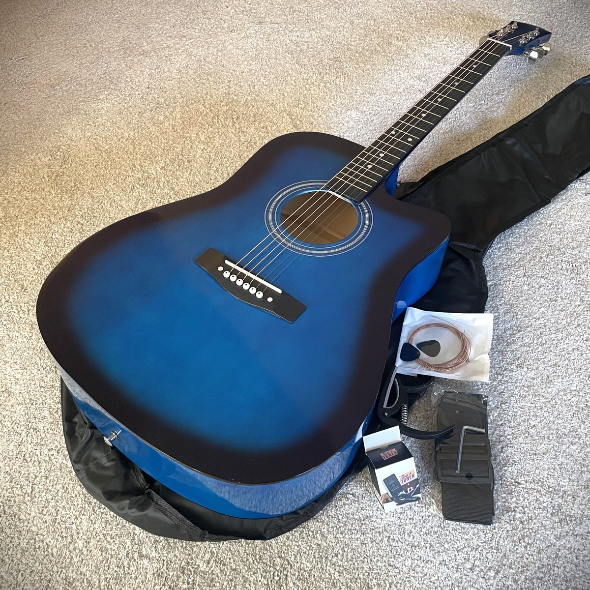 Full-Size 41" Blue Acoustic Guitar Starter Package w/ Capo, Tuner, Strap & Picks1