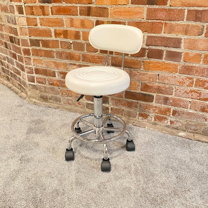 Cream White Salon Stool with Wheels, Backrest, Guitar Office Stool Holds 250 lbs3