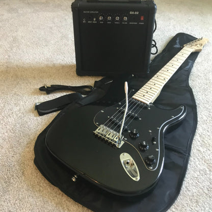 Full-Size Black Electric Guitar Starter Package with 20-Watt Amp and Accessories1