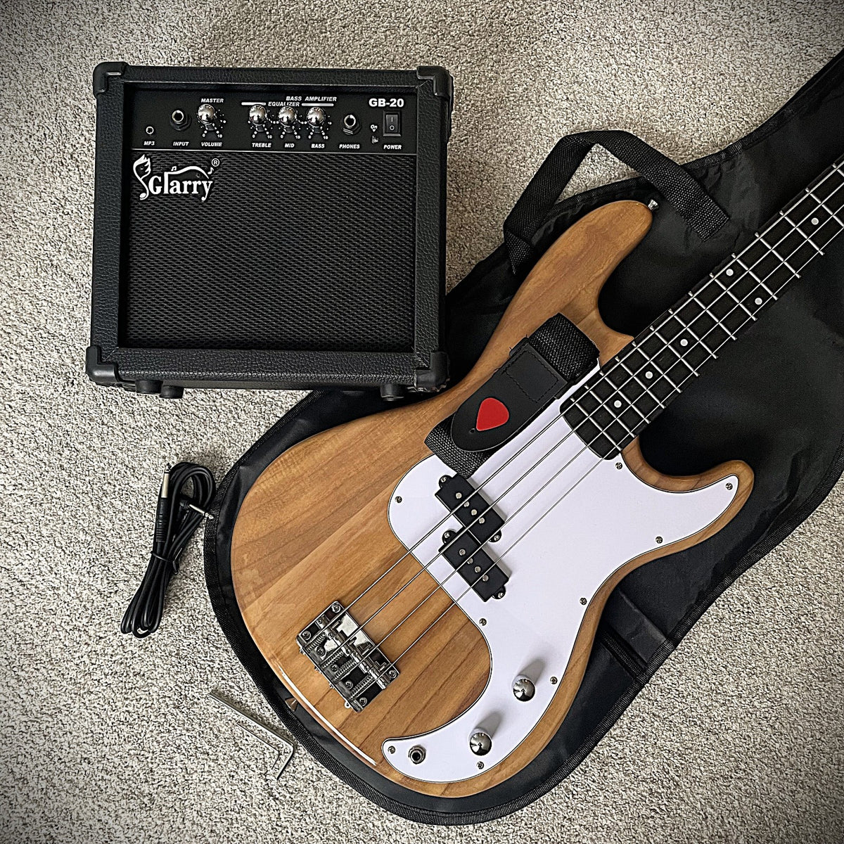 Full-Size Natural Electric Bass Guitar Starter Package w/ 20w Amp & Accessories0