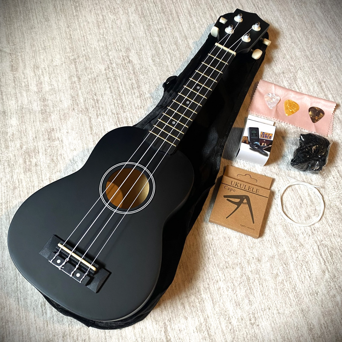 Soprano Ukulele Starter Package, Black 21" Uke Bundle Kit with Tuner, Capo, Bag3