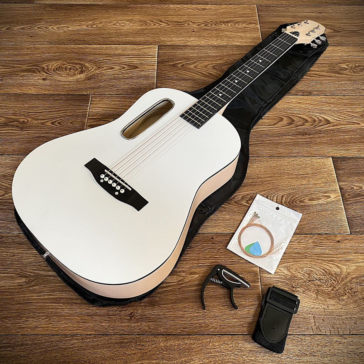 38" White Parlor Acoustic Guitar Beginner Package, Offset Soundhole, Peach Back1