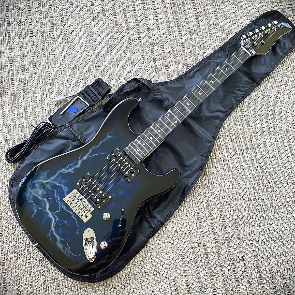 Full-Size Electric Guitar, Double Cutaway, Blue Lightning Finish, H-H Pickups8