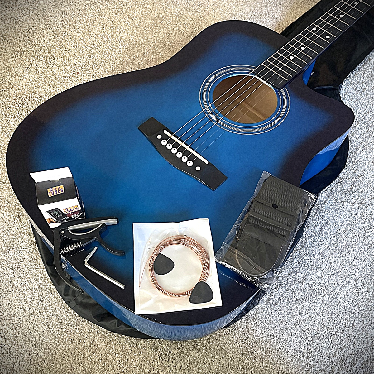 Full-Size 41" Blue Acoustic Guitar Starter Package w/ Capo, Tuner, Strap & Picks0