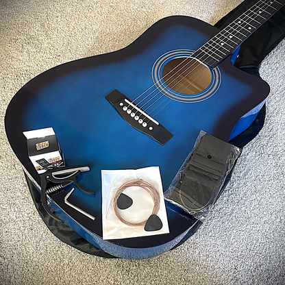 Full-Size 41" Blue Acoustic Guitar Starter Package w/ Capo, Tuner, Strap & Picks0