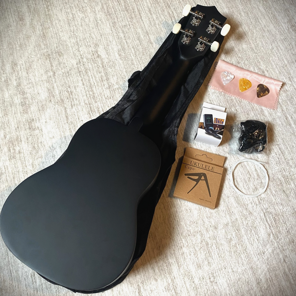 Soprano Ukulele Starter Package, Black 21" Uke Bundle Kit with Tuner, Capo, Bag4
