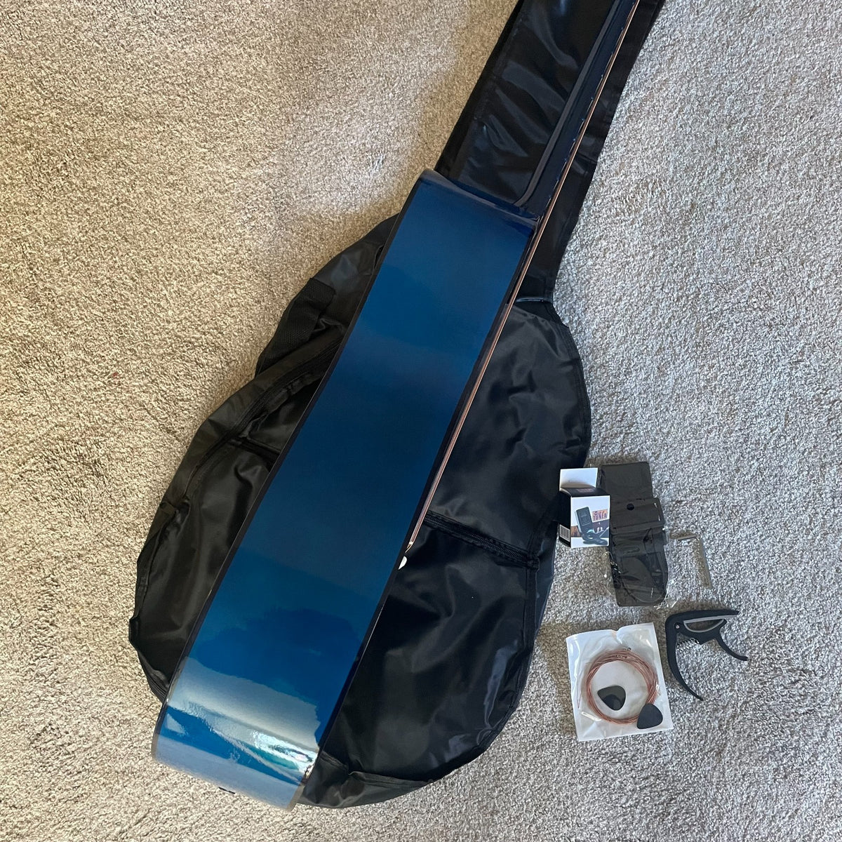 Full-Size 41" Blue Acoustic Guitar Starter Package w/ Capo, Tuner, Strap & Picks11
