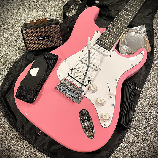 Full-Size Pink Electric Guitar Starter Kit with Portable Rechargeable Amp & More0