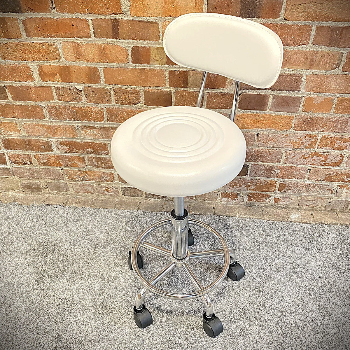 Cream White Salon Stool with Wheels, Backrest, Guitar Office Stool Holds 250 lbs2