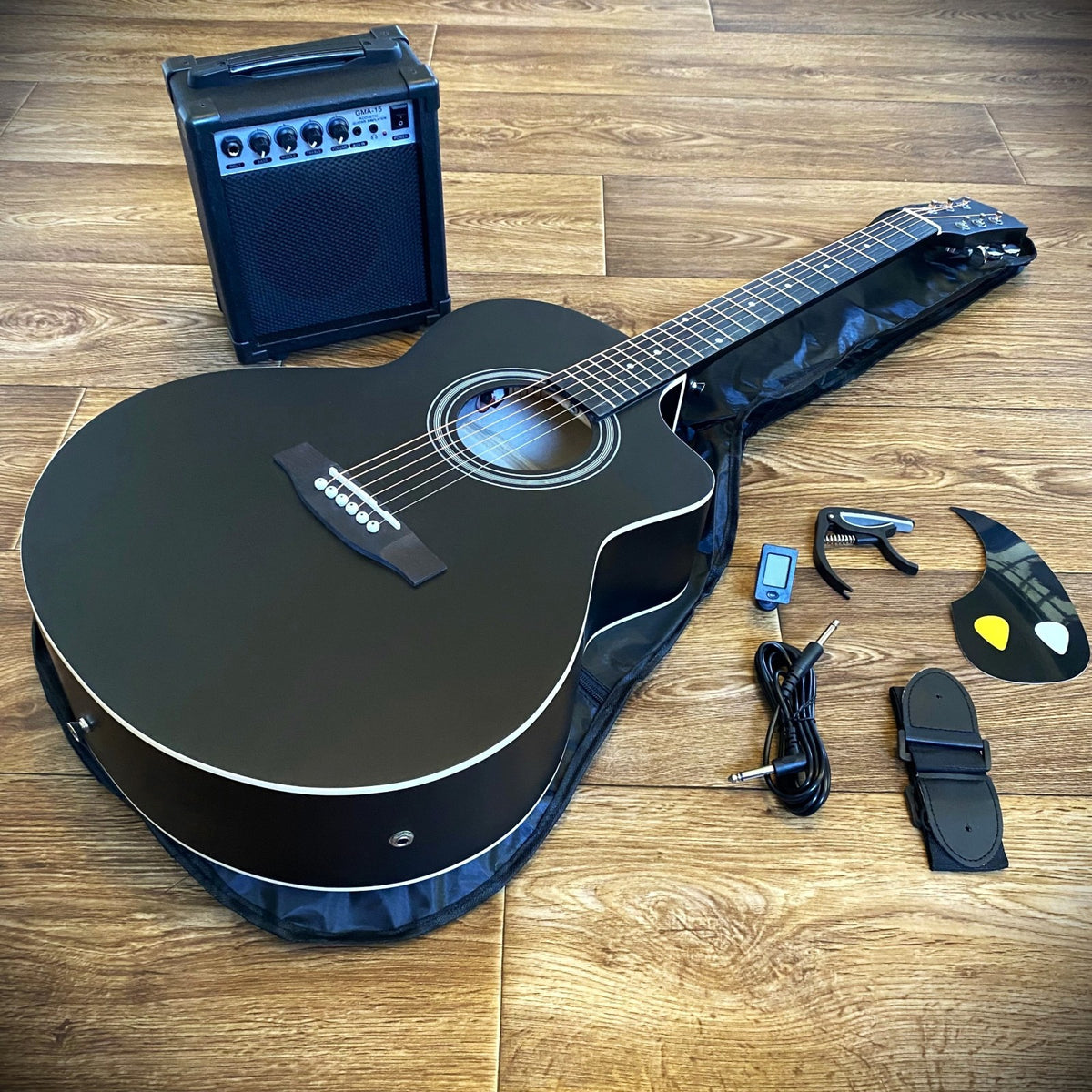 Black 41" Acoustic Electric Guitar & 15W Amp Beginner Package – Cutaway Jumbo12