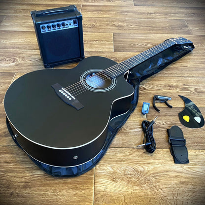 Black 41" Acoustic Electric Guitar & 15W Amp Beginner Package – Cutaway Jumbo12