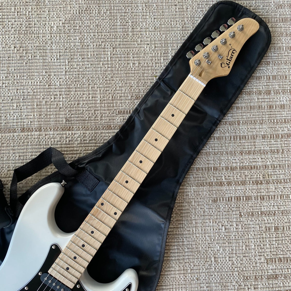 White Electric Guitar Starter Package (Full-Size) w/ 20-Watt Amp Maple Fretboard6