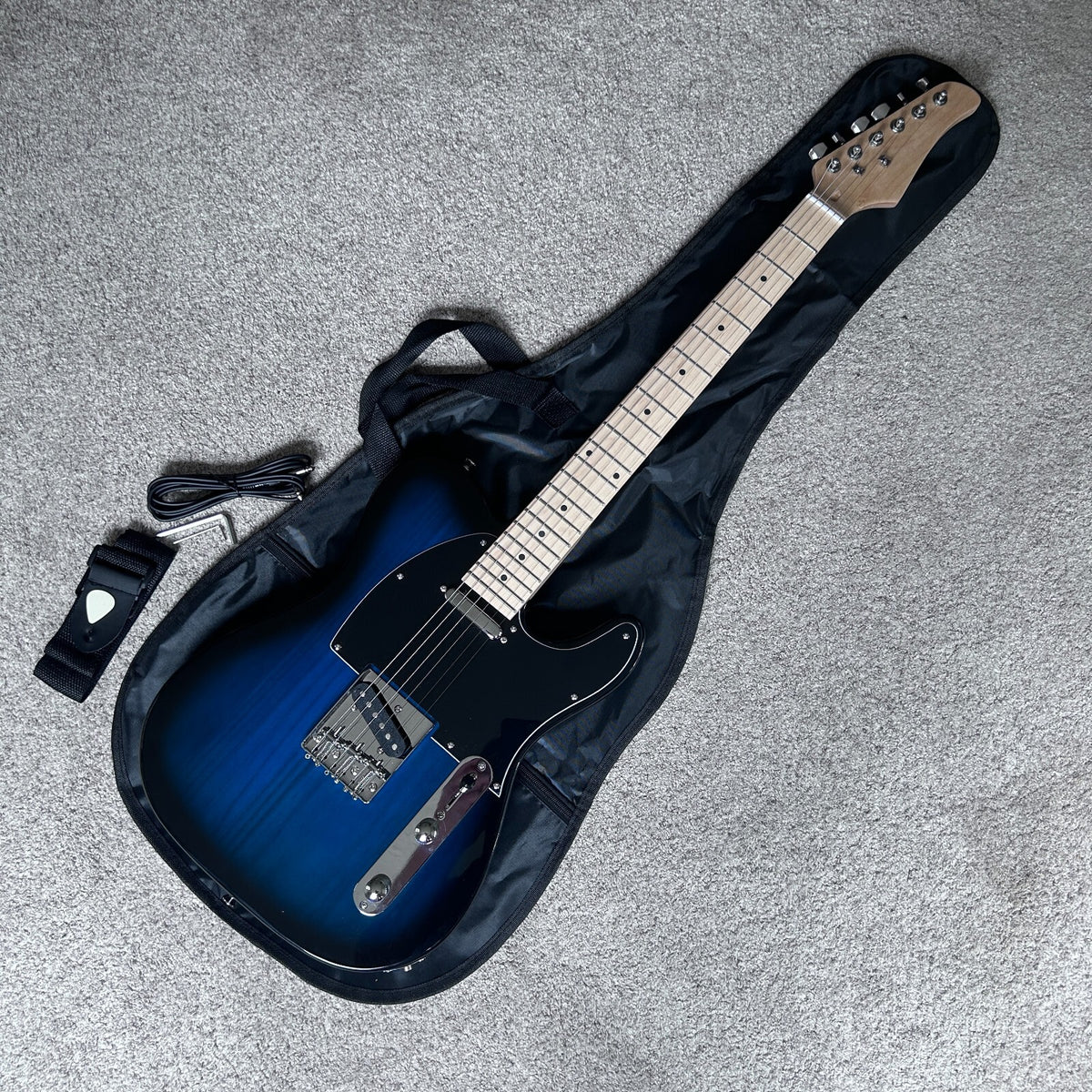 Full-Size Trans Blue Electric Guitar with Maple Neck Gig Bag and Accessories15