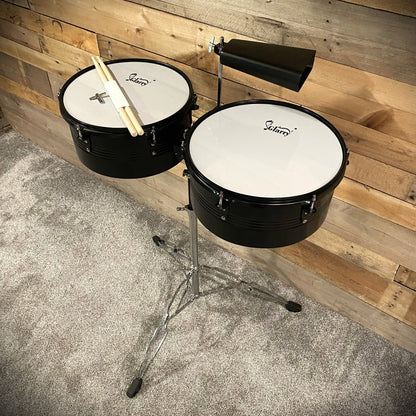 13" & 14" Timbales Set – Latin Percussion Drums w/ Cowbell & Double‑Braced Stand2