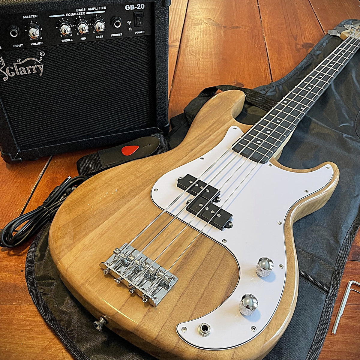 Full-Size Natural Electric Bass Guitar Starter Package w/ 20w Amp & Accessories3