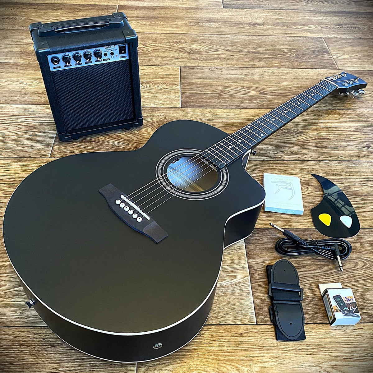Black 41" Acoustic Electric Guitar & 15W Amp Beginner Package – Cutaway Jumbo0