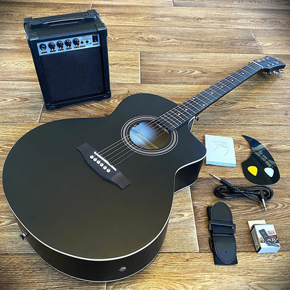 Black 41" Acoustic Electric Guitar & 15W Amp Beginner Package – Cutaway Jumbo0
