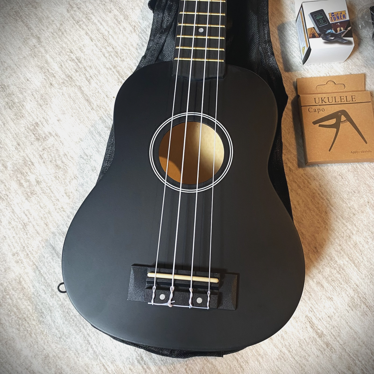 Soprano Ukulele Starter Package, Black 21" Uke Bundle Kit with Tuner, Capo, Bag6