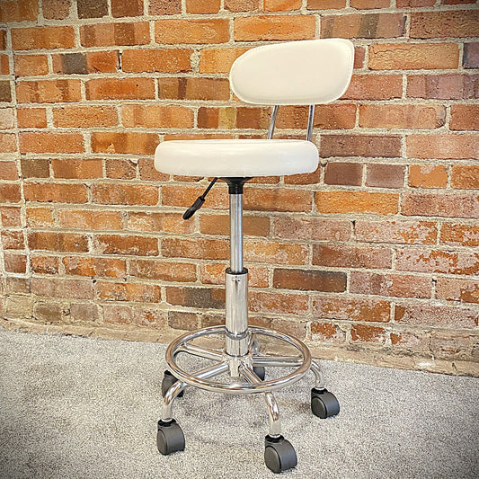 Cream White Salon Stool with Wheels, Backrest, Guitar Office Stool Holds 250 lbs0