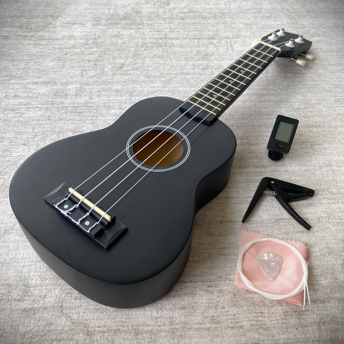 Soprano Ukulele Starter Package, Black 21" Uke Bundle Kit with Tuner, Capo, Bag0