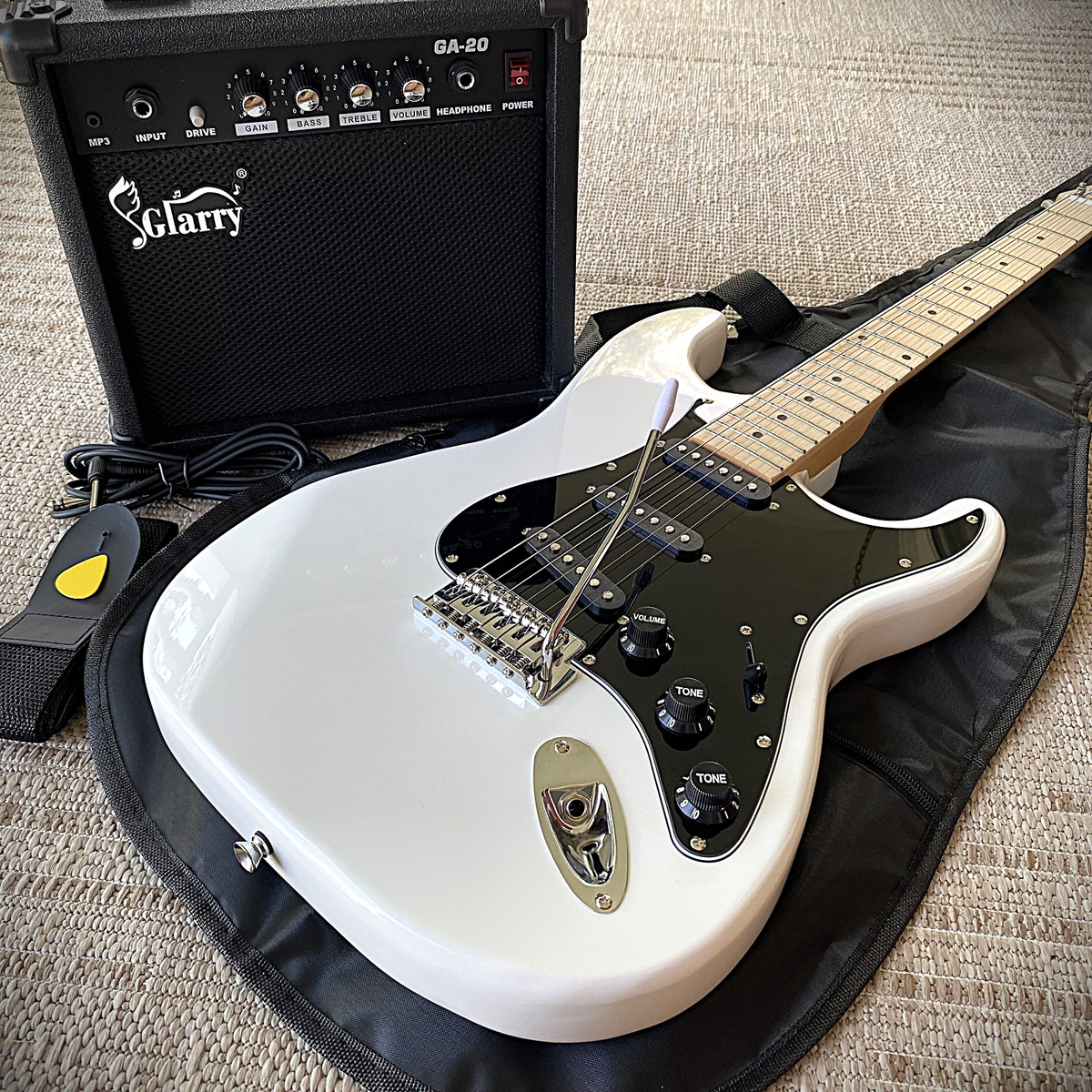 White Electric Guitar Starter Package (Full-Size) w/ 20-Watt Amp Maple Fretboard0