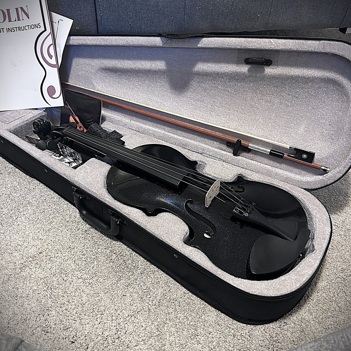 4/4 Full Size Black Violin with Case, Bow and Accessories, with Preset Bridge3