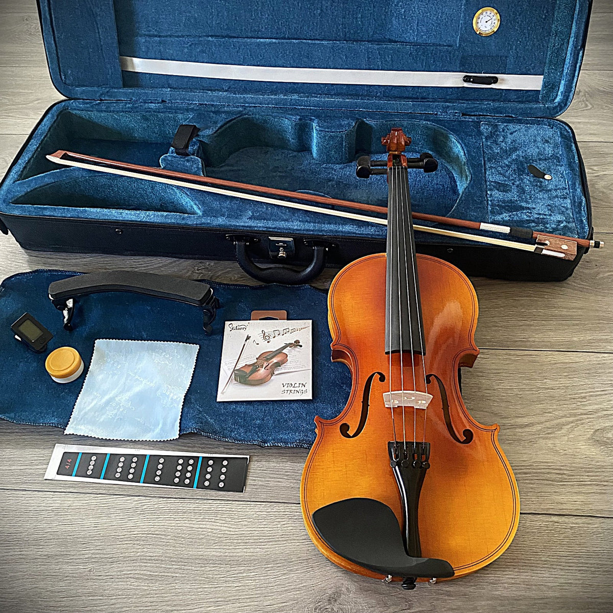 Full-Size 4/4 Violin Fiddle with Preset Bridge, Case w/ Hygrometer, Bow and More11