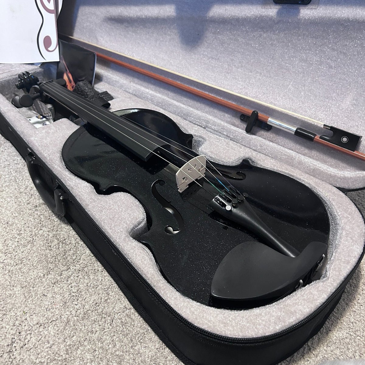 4/4 Full Size Black Violin with Case, Bow and Accessories, with Preset Bridge16