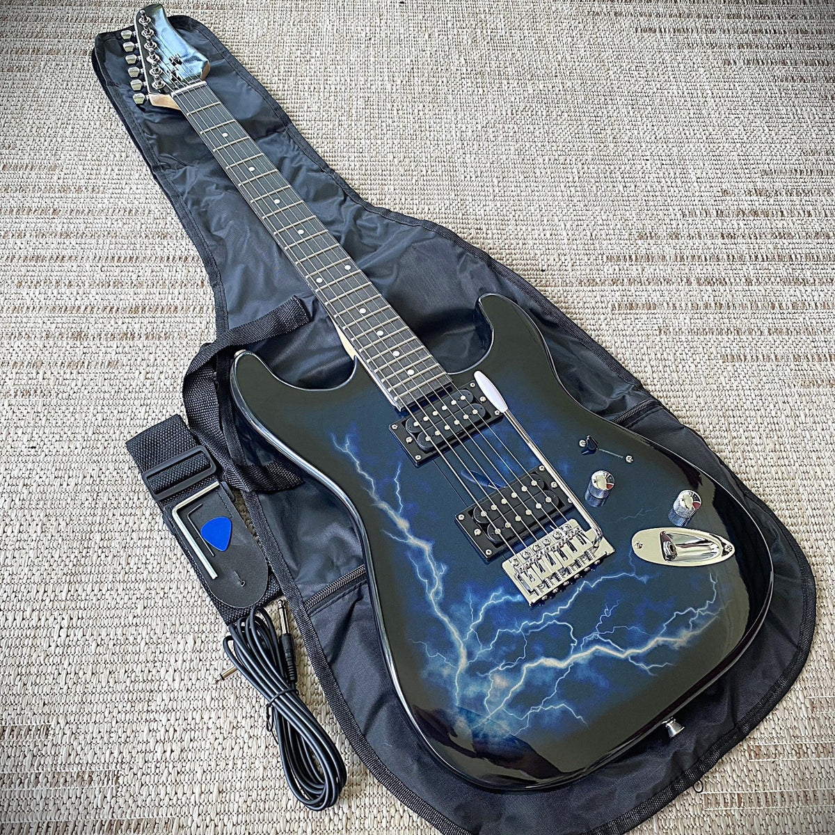 Full-Size Electric Guitar, Double Cutaway, Blue Lightning Finish, H-H Pickups7