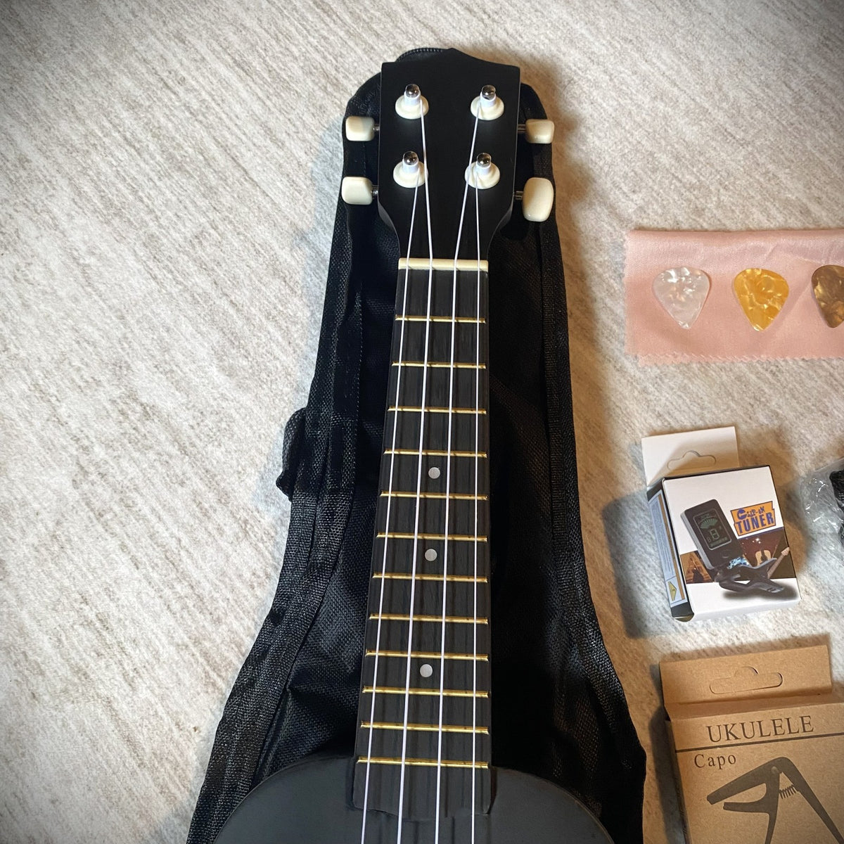 Soprano Ukulele Starter Package, Black 21" Uke Bundle Kit with Tuner, Capo, Bag9