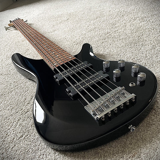 Full-Size Black 6-String Electric Bass Guitar with Active H-H Pickups, 24-Frets0