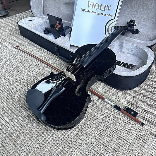 4/4 Full Size Black Violin with Case, Bow and Accessories, with Preset Bridge1